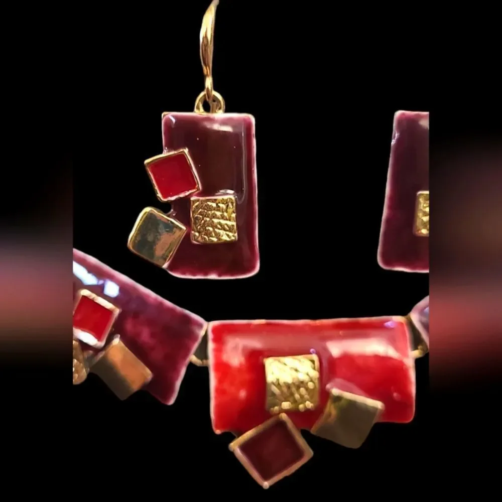 Statement Necklace And Pierced Earrings Paris! Ikita Red Enamel And Gold 16